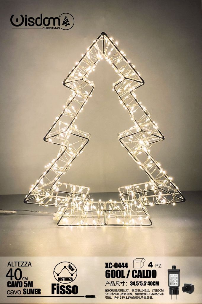 xc-0444 Albero 3D filo di rame Argentato, 600 LED luce Calda ,cavo trasparente ,filo di acciaio sfaccettato, 40 cm - immagine 1