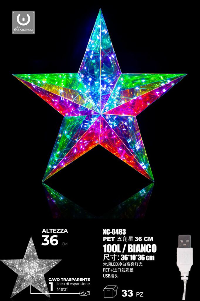 xc-0483 Stella 100 LED color Bianco, 36x10x36 cm, con pellicola iridescente, attacco USB - immagine 1