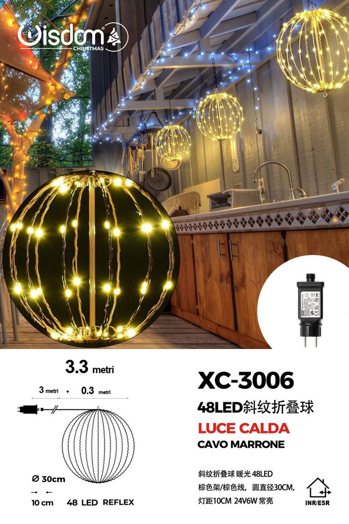 xc-3006 Lampada a Sfera pieghevole cornice Marrone , cavo Marrone da 48 LED, luce calda ,con 30 cm di diametro - immagine 1