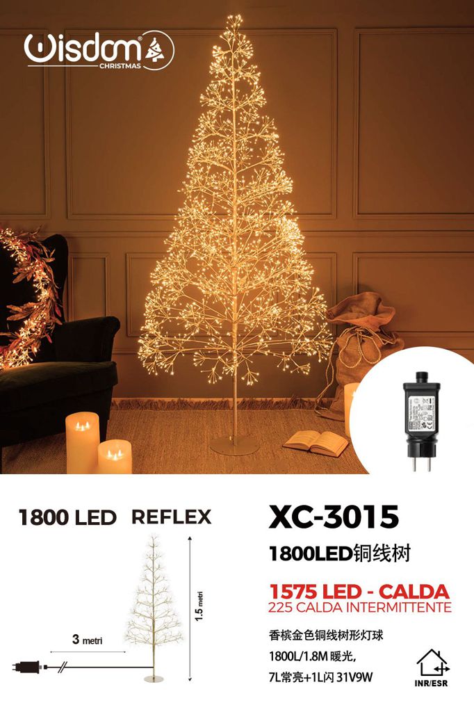xc-3015 Albero luminoso filo di rame oro champagne 1800 LED REFLEX luce Calda+ caldo intermittente, 180 cm - immagine 1