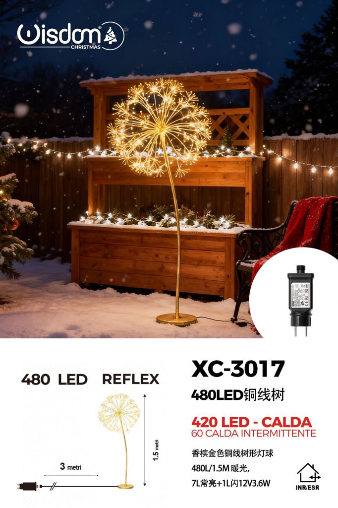 xc-3017 Lampada a Soffione color oro champagne 480 LED REFLEX Luce Calda+ caldo intermittente, 150 cm - immagine 1