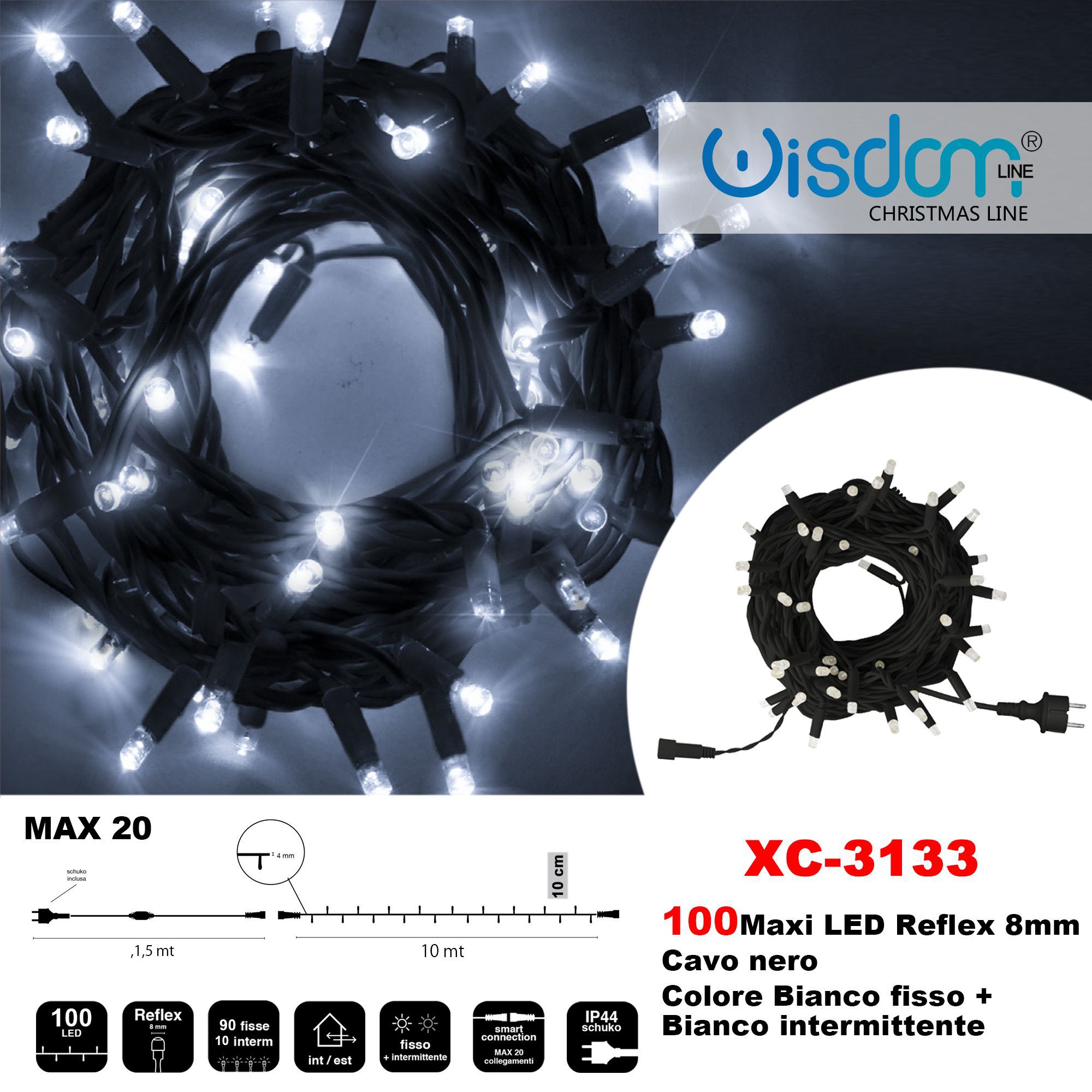xc-3133 Catena 100 MAXILED , luce bianca fissa + bianca intermittente, cavo nero, collegabile - immagine 1