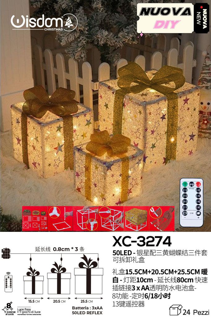 xc-3274 Scatola regalo luminosa fantasia stelle argentate , tre colori , luce Calda , 50 LED REFLEX ,componibile, set 3 pz,8 funzioni , vano batteria impermeabile, con telecomando - immagine 1