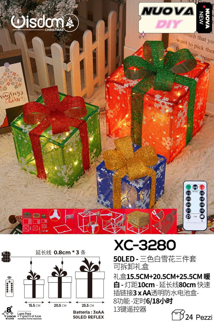 xc-3280 Scatola regalo luminosa fantasia fiocco neve , tre colori , luce Calda , 50 LED REFLEX ,componibile, set 3 pz,8 funzioni , vano batteria impermeabile, con telecomando - immagine 1