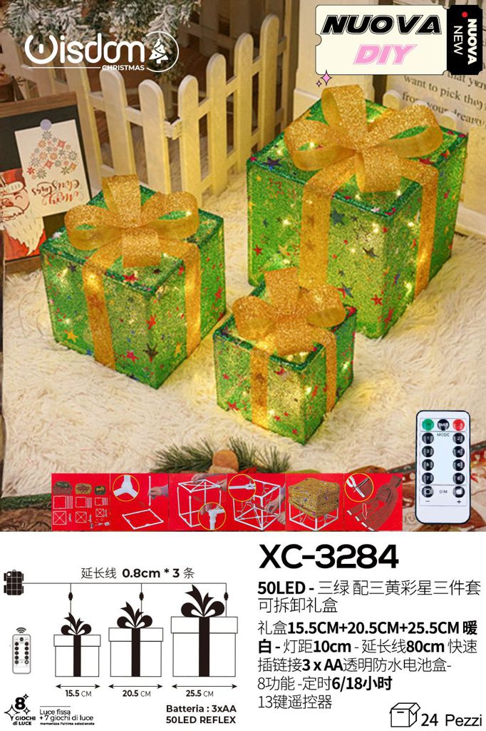 xc-3284 Scatola luminosa set 3 pz, 50 LED REFLEX, luce Calda, verdi fiocco giallo, a Batteria , con vano impermeabile, con telecomando - immagine 1