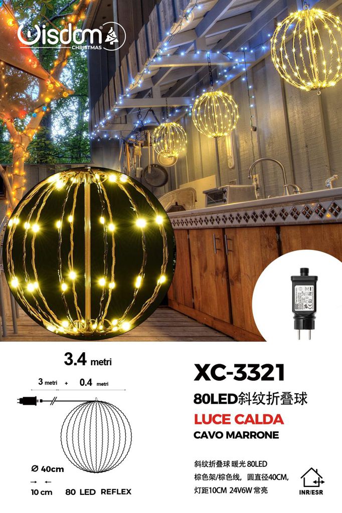 xc-3321 Lampada a Sfera pieghevole cornice Marrone , cavo Marrone da 80 LED, luce calda ,con 40 cm di diametro - immagine 1