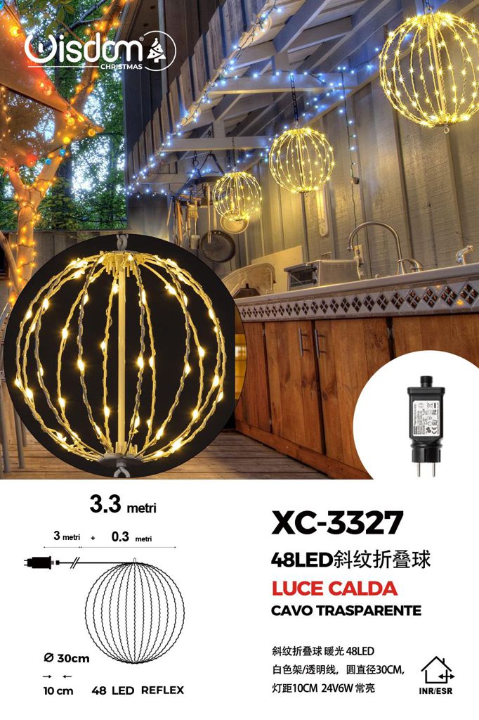xc-3327 Lampada a Sfera pieghevole cornice Bianca , cavo trasparente da 48 LED, luce calda ,con 30 cm di diametro - immagine 1
