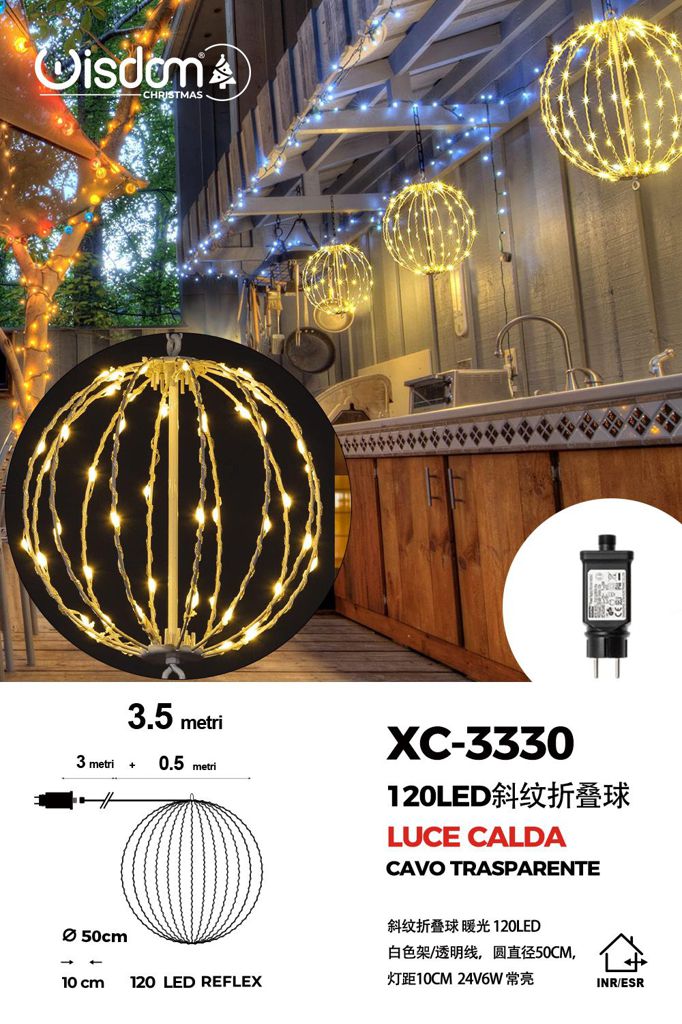 xc-3330 Lampada a Sfera pieghevole cornice Bianca , cavo trasparente da 120 LED, luce calda ,con 50 cm di diametro - immagine 1