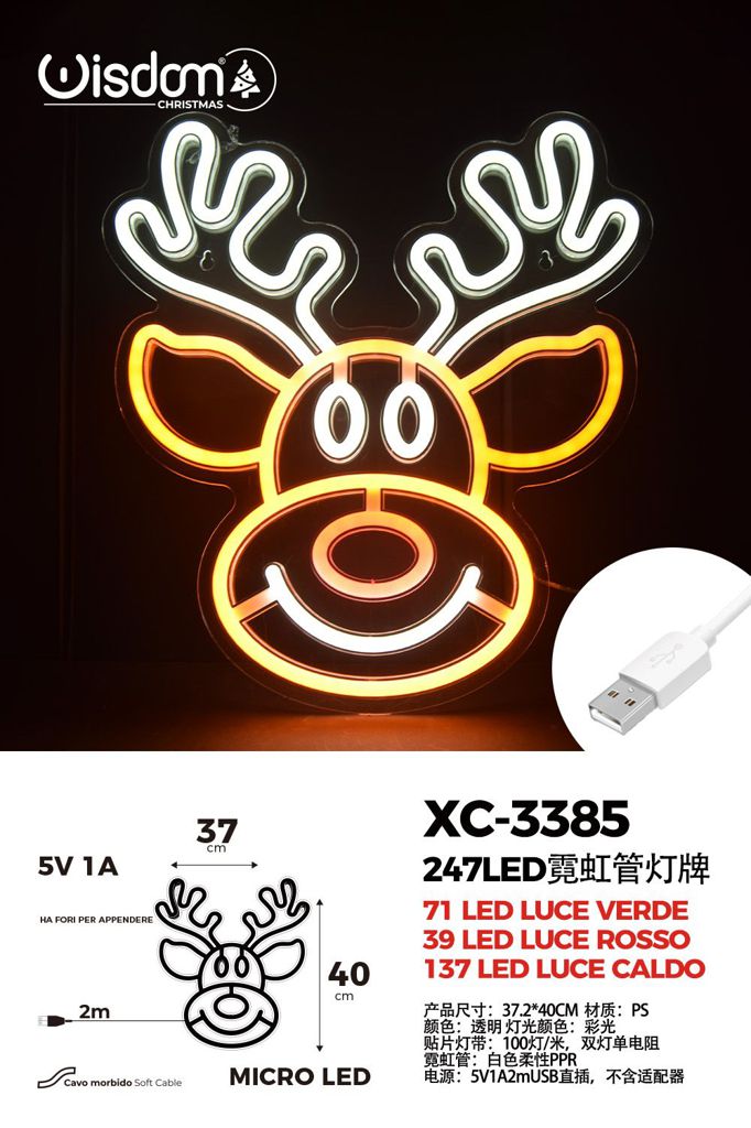 xc-3385 Figura luminosa Alce 247 LED , 40x37 cm, attacco USB - immagine 1