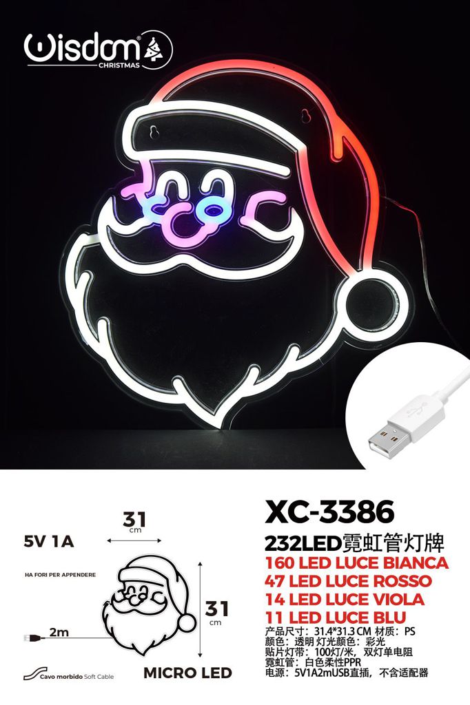 xc-3386 Figura luminosa Babbo Natale 232 LED, multicolor, attacco USB, 31x31cm - immagine 1