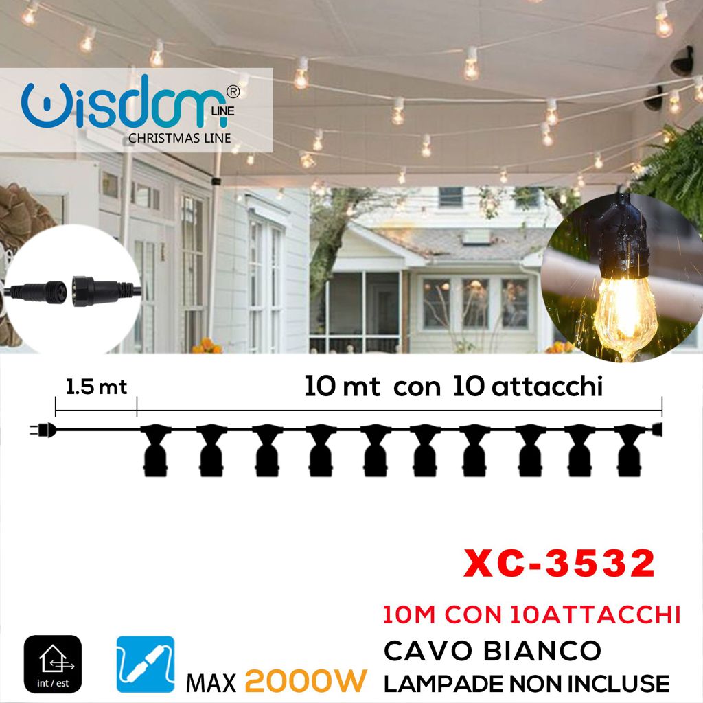 xc-3532 Catena luminosa da esterno 10mt ,10 attacchi E 27 , cavo bianco - immagine 1