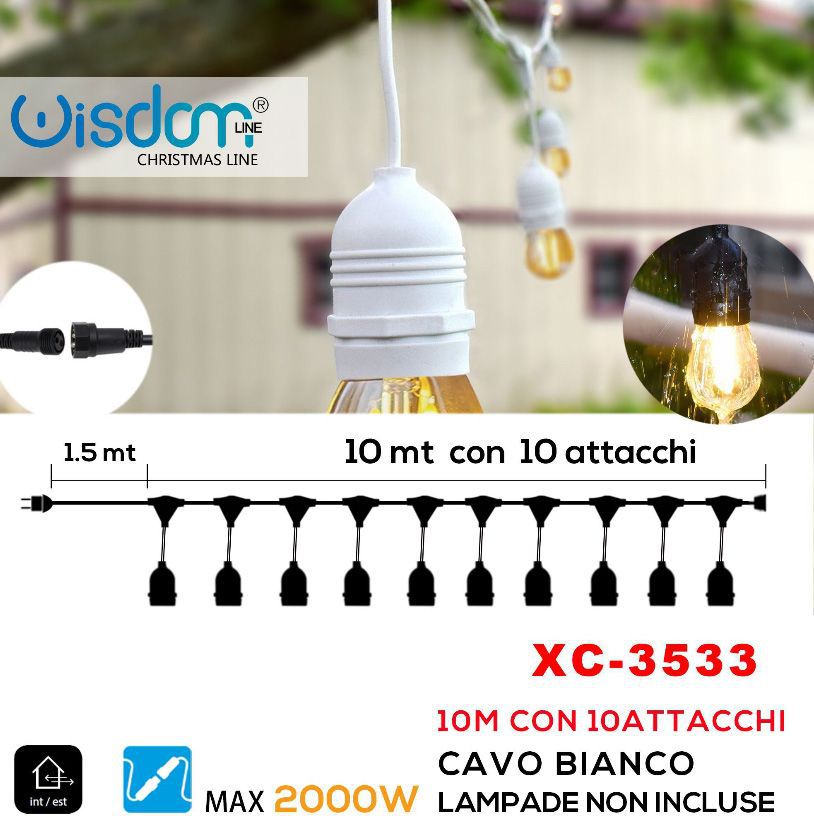 xc-3533 Catena luminosa da esterno 10 mt ,10 attacchi E 27 , cavo bianco - immagine 1