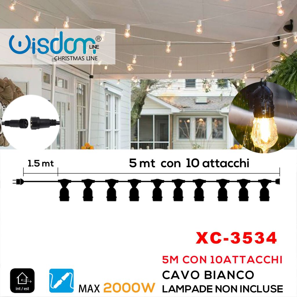 xc-3534 Catena luminosa da esterno 5mt ,10 attacchi E 27 , cavo bianco - immagine 1