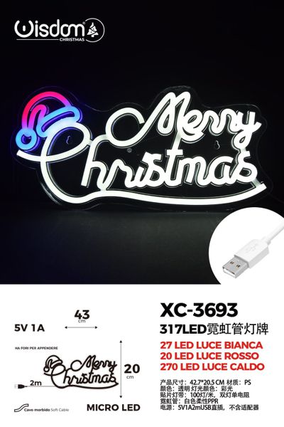 xc-3693 Figura Luminosa Merry Christmas 317 LED Bianco Rosso Caldo, 20x43 cm, attacco USB - immagine 1