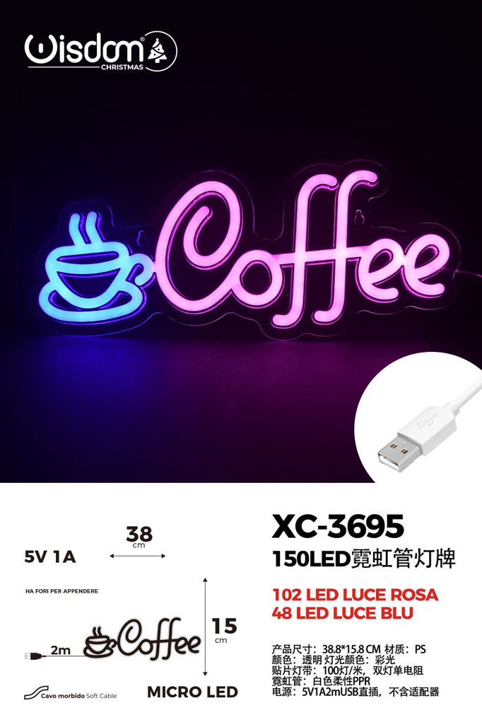 xc-3695 Figura Luminosa scritta Coffee , 150 LED rosa e blu, 15x38cm, attacco USB - immagine 1