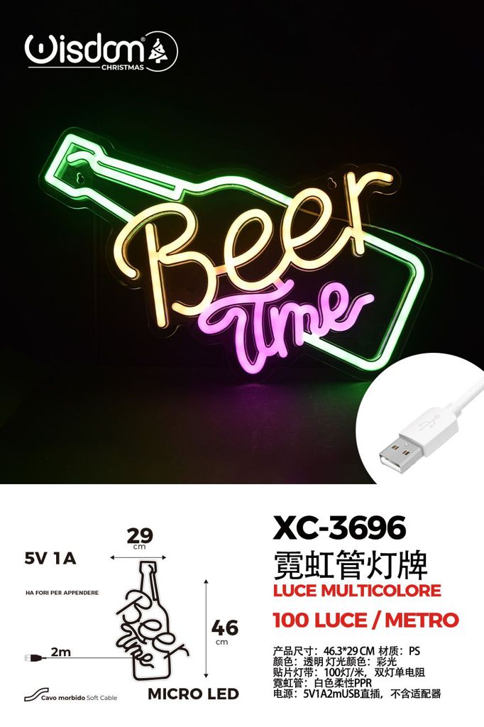 xc-3696 Figura luminosa scritta Beer Time 5V 1A , 46x29 cm , attacco USB - immagine 1