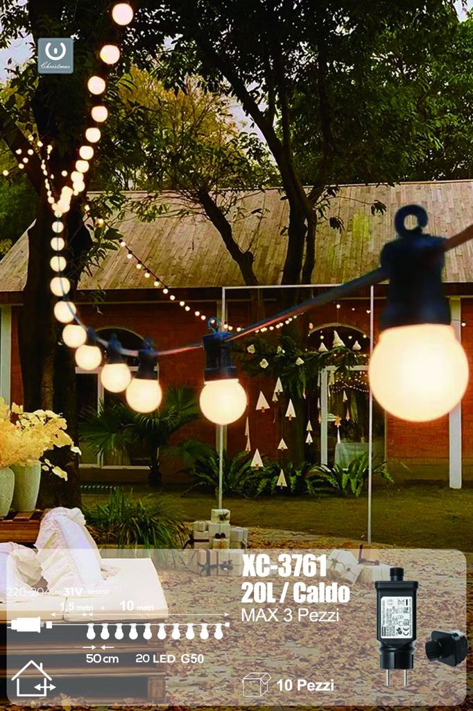 xc-3761 Catena G50 da 20 LED da 10 mt ,luce calda, cavo nero , collegabile max 3 pz - immagine 1