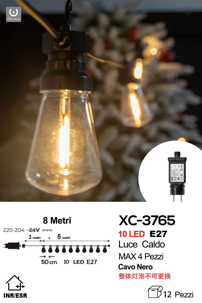 xc-3765 Catena da 10 LED E27, luce calda forma a papaya , 8 mt, cavo nero , collegabile max 4 pz - immagine 1