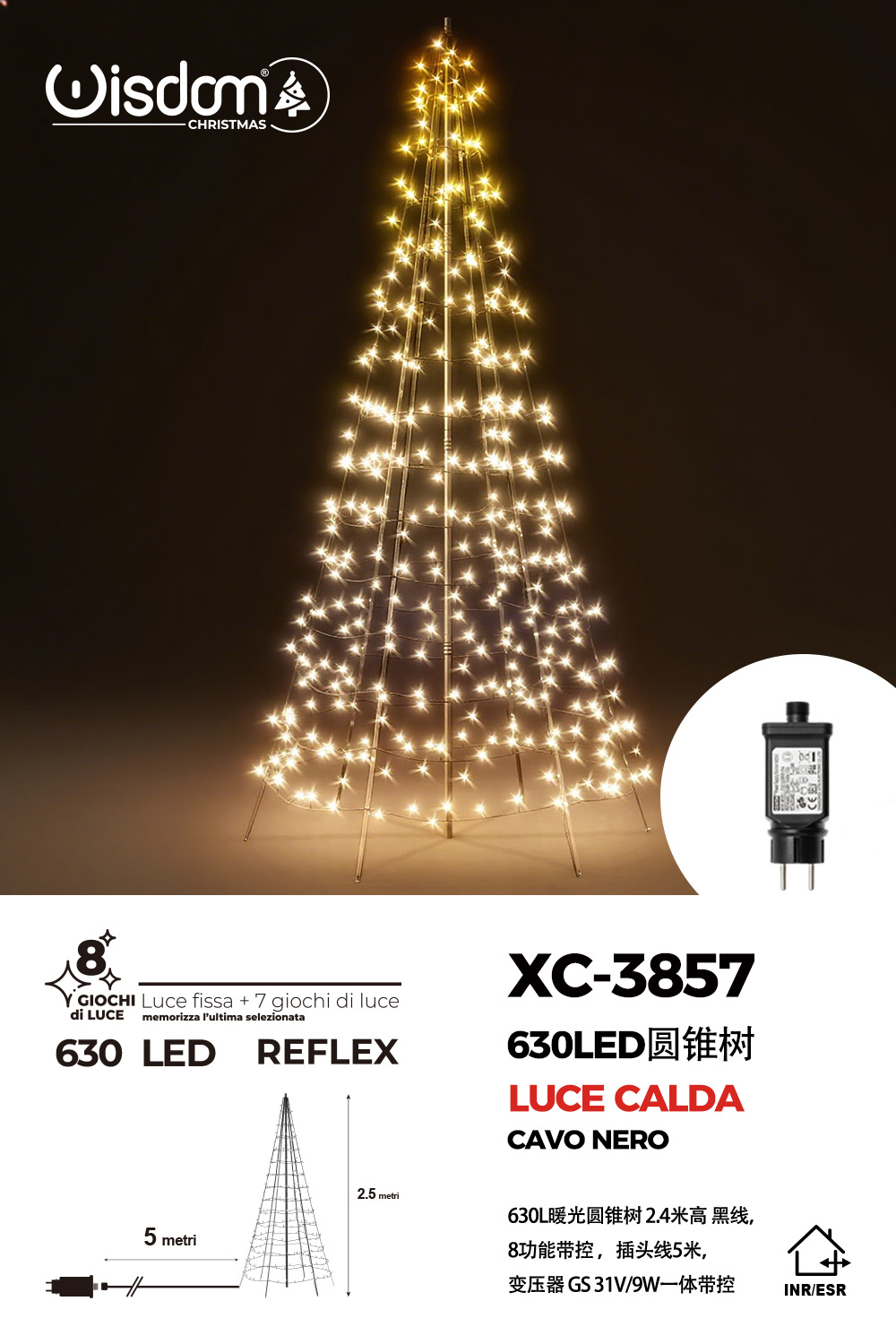 xc-3857 Albero di natale conico luminoso altezza 2,5 metri con 630 LED REFLEX luce calda per uso interno/esterno 8 giochi luce - immagine 1