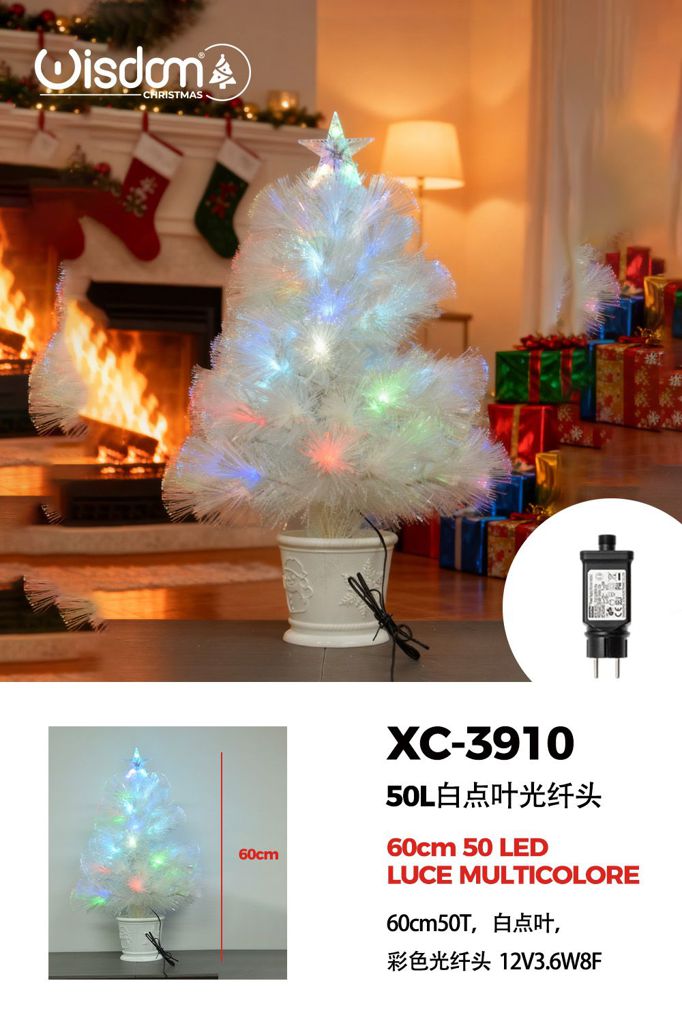 xc-3910 Albero fibra ottica, 50 LED luce multicolor, foglia bianca ,60 cm - immagine 1