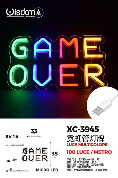 xc-3945 Figura Luminosa scritta Game Over multicolor,5V, 1A, 35x33 cm , - immagine 1