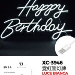 Scritta Happy Birthday a neon luce bianca 43x71 cm ,attacco USB