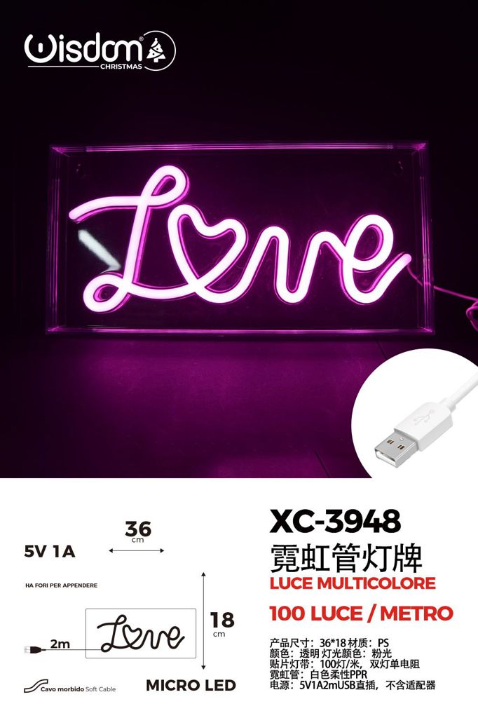 xc-3948 Scritta Love neon Rosa 18x36 cm , Attacco USB - immagine 1