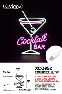 xc-3952 Figura luminosa scritta Cocktail Bar 255 led Rosa Verde Bianca ,39x27 cm , attacco USB - immagine 1