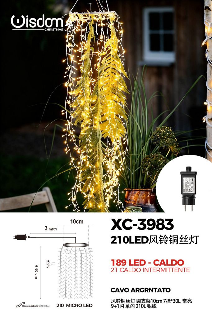 xc-3983 Decorazione luminosa Campanella a Vento a filo di rame argento 210 LED Caldo+caldo intermittente con staffa rotonda da 10 cm, H 60 cm - immagine 1