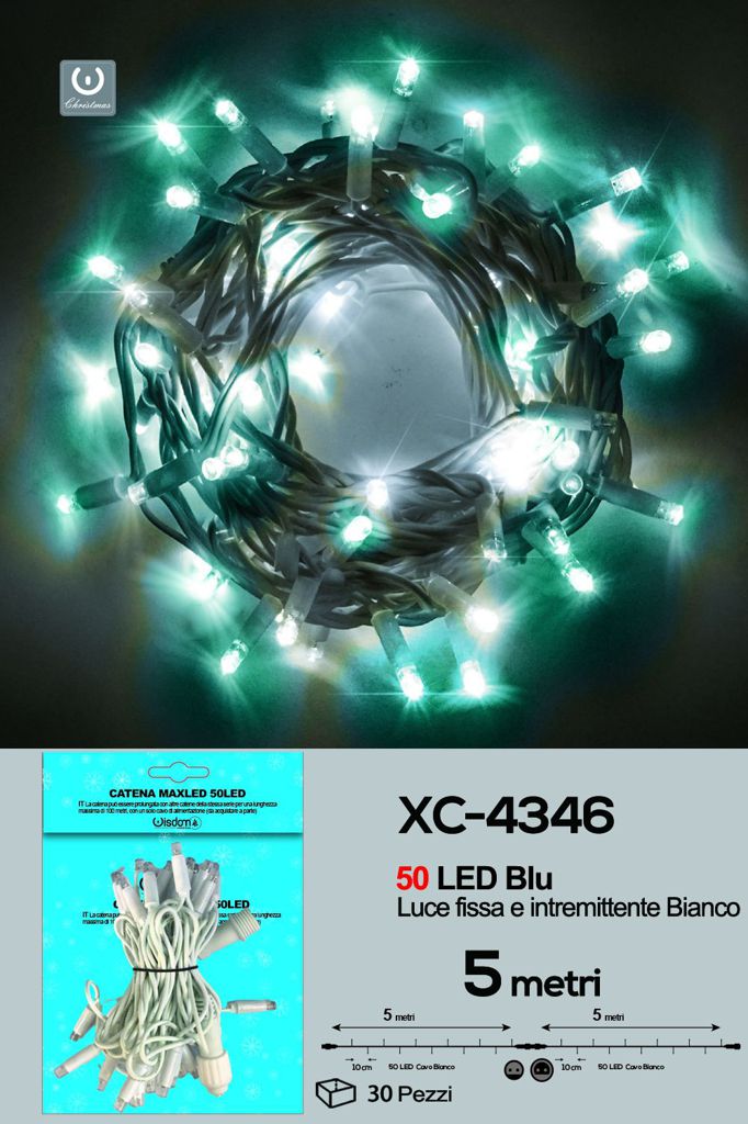 xc-4346 Catena 50 LED luce blu fissa e bianca intermittente, cavo bianco , collegabile - immagine 1