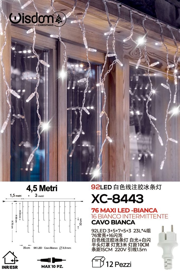 xc-8443 Tenda 92 Led, luce bianco + bianco intermittente , cavo bianco , collegabile - immagine 1