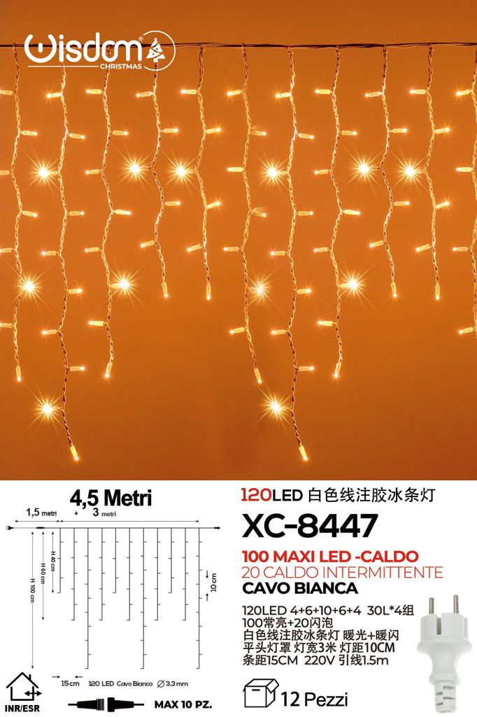 xc-8447 Tenda 120 MAXILED , luce calda+caldo intermittente, 4,5mt, cavo bianco , collegabile max 10 pz - immagine 1