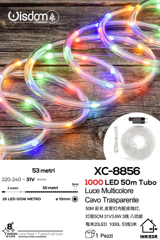 xc-8856 Tubo luminoso 1000 LED luce multicolor , 8 giochi di luce, tubo trasparente, 50 mt - immagine 1