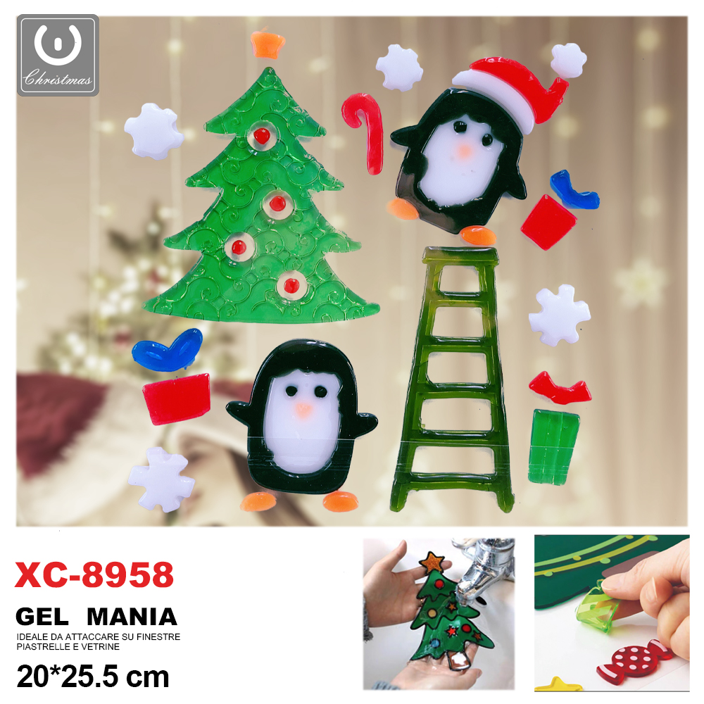 xc-8958 Adesivo Natalizo in gel a tema pinguino con slitta dimensione 20x25,5cm ideale da attaccare su finestre e vetrine - immagine 1