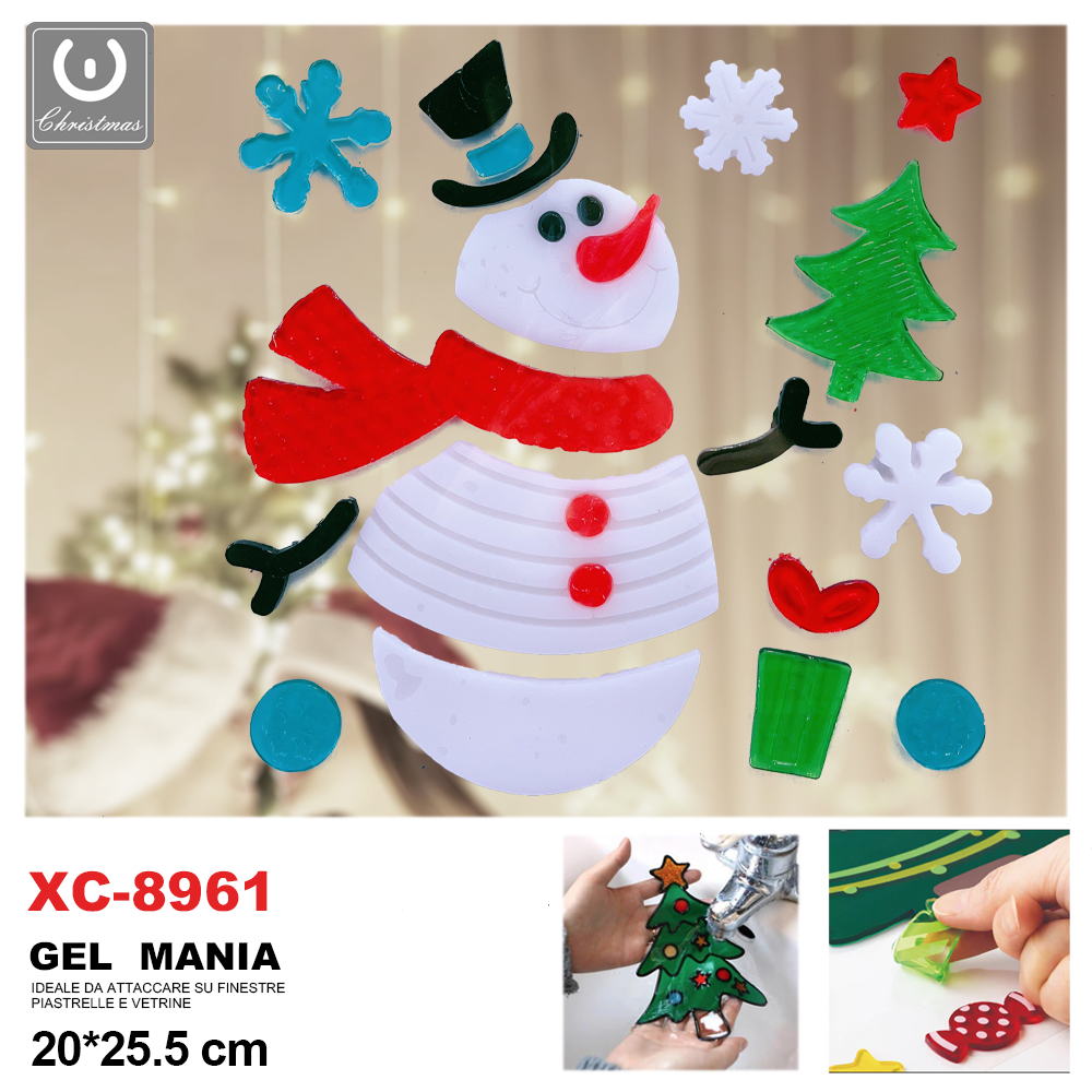 xc-8961 Adesivo Natalizo in gel a tema pupazzo di neve dimensione 20x25,5cm ideale da attaccare su finestre e vetrine - immagine 1