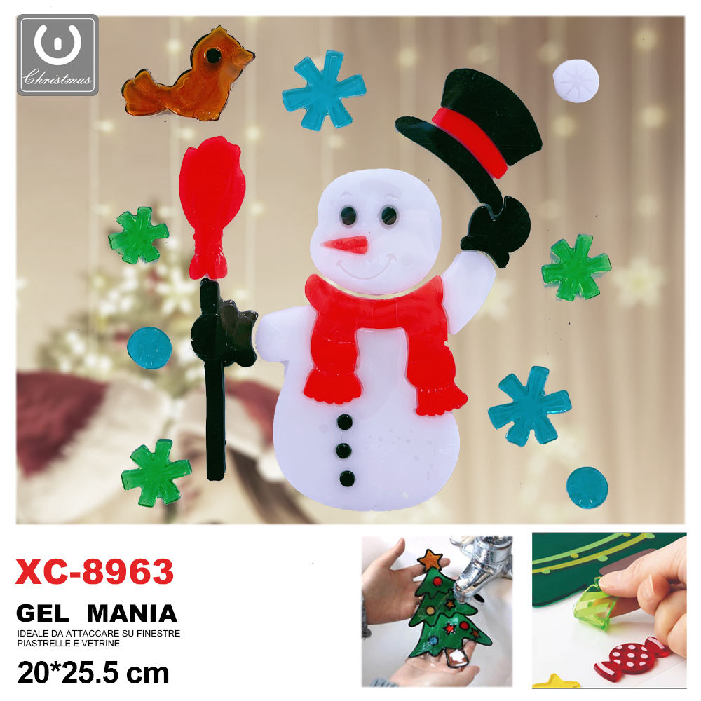 xc-8963 Adesivo Natalizo in gel a tema pupazzo di neve e uccellino dimensione 20x25,5cm ideale da attaccare su finestre e vetrine - immagine 1