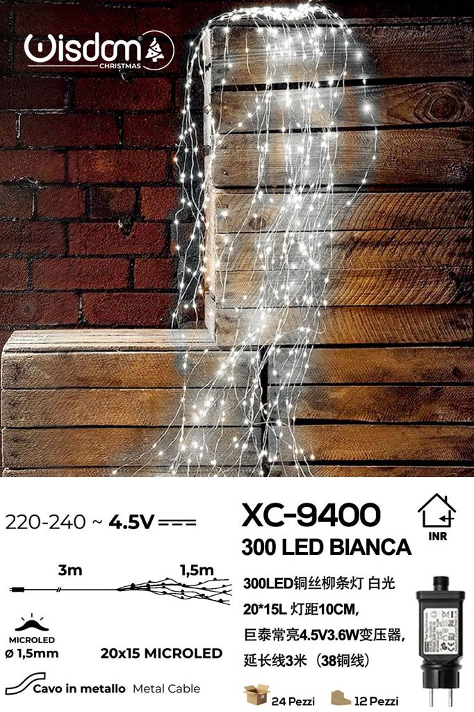 xc-9400 Decorazione luminosa a Cascata effetto pioggia da 300 LED luce Fredda , 1,5 mt, cavo in metallo - immagine 1