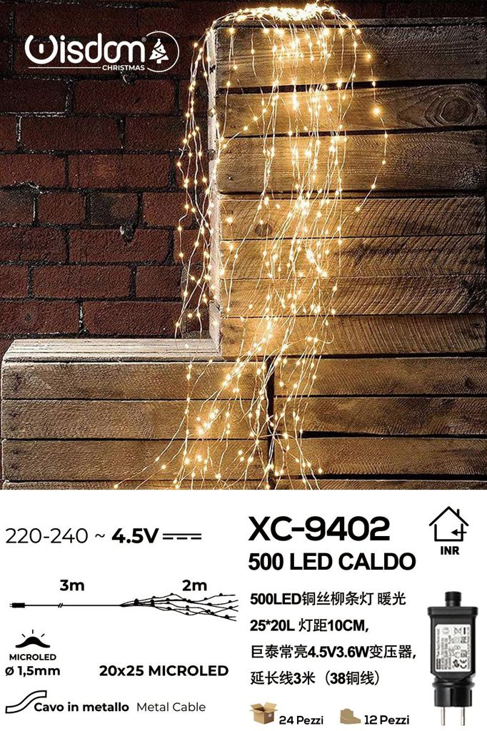 xc-9402 Decorazione luminosa a Cascata effetto pioggia da 500 LED luce Calda , 2 mt, cavo in metallo - immagine 1