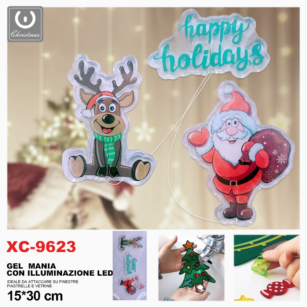 xc-9623 Adesivo Natalizio in gel a forma di babbo natale e renna con luci dimensioni 10x30cm - immagine 1