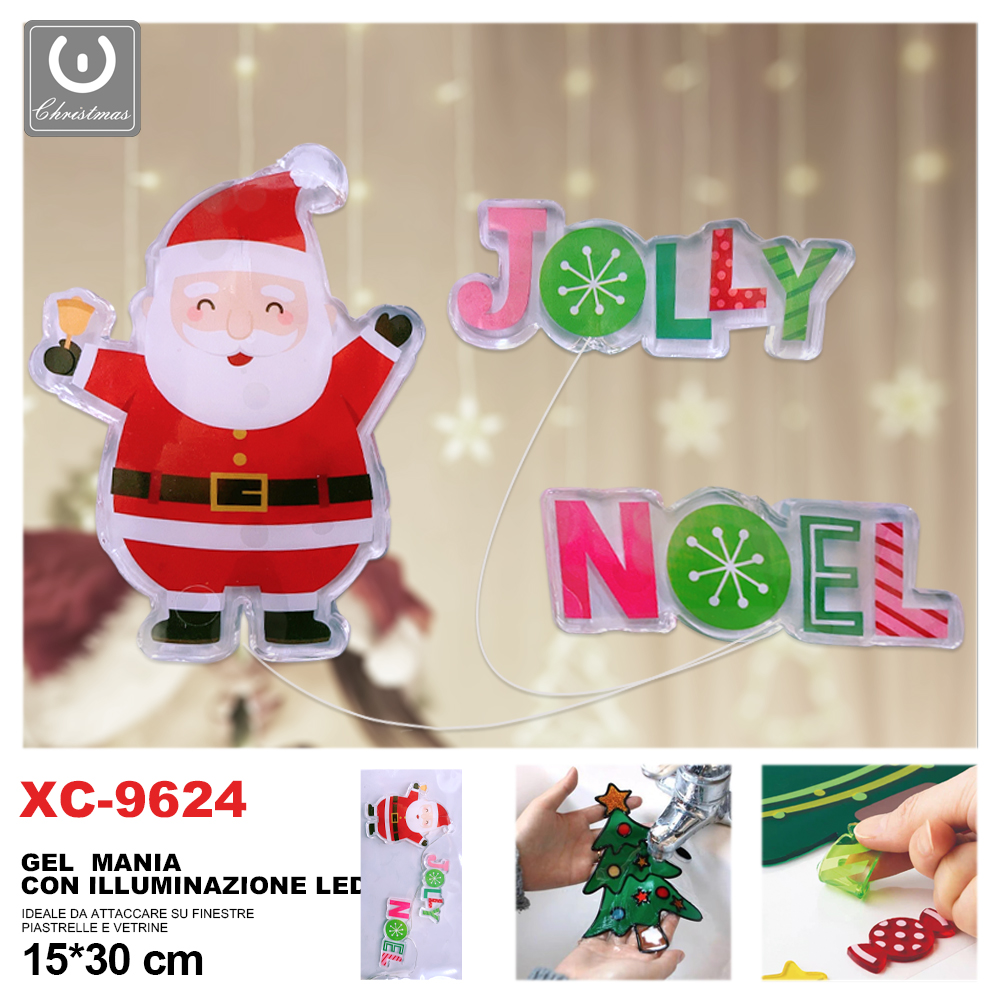 xc-9624 Adesivo Natalizio in gel a forma di babbo natale con luci dimensioni 15x30cm - immagine 1