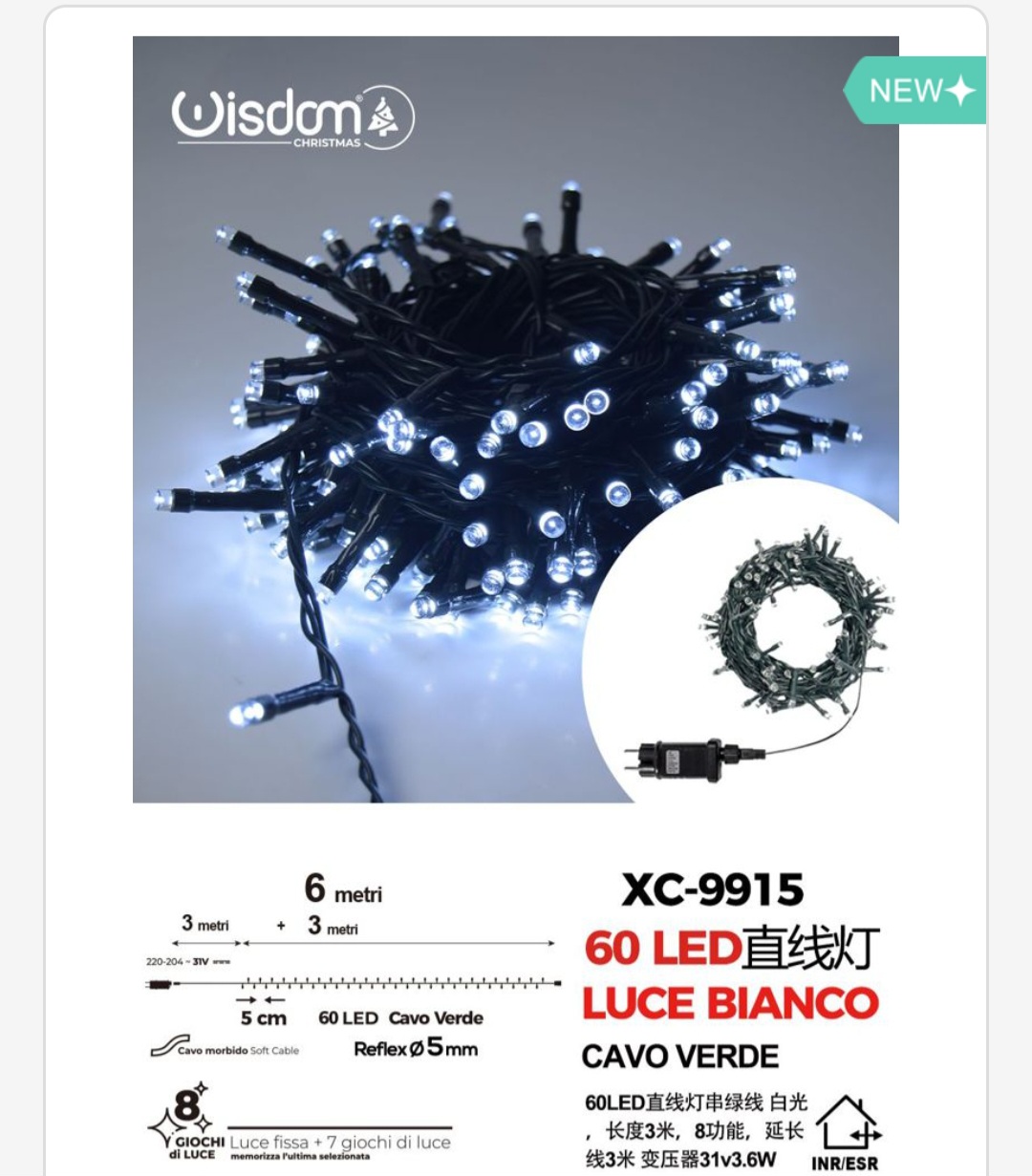 xc-9915 Catena luminosa 60 LED luce bianca da 6 metri con 8 giochi di luce ip44 per uso interno esterno - immagine 1