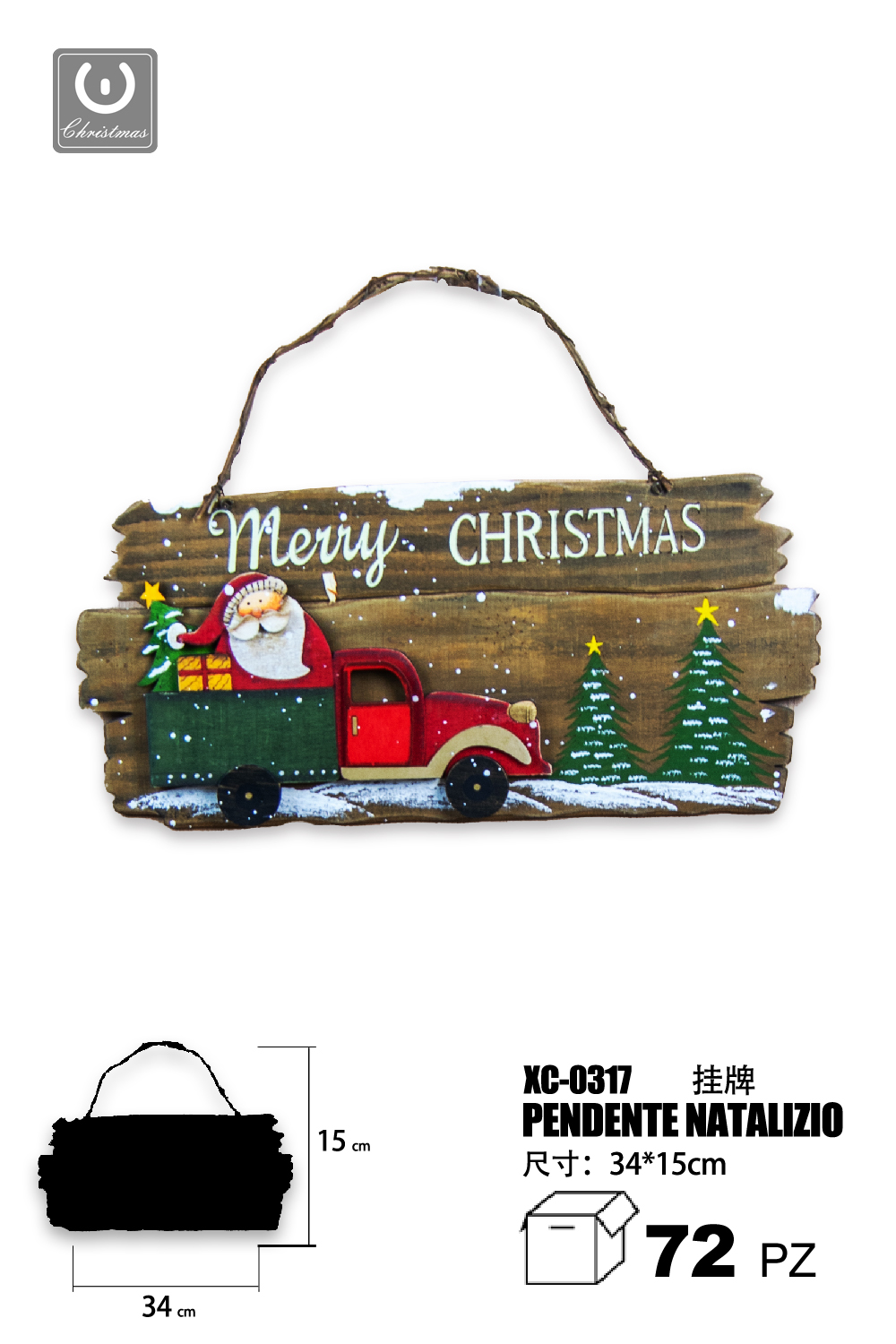 XC-0317 Pendente Natalizio in legno fatto a mano con scritta Merry Christmas+Babbo Natale da appendere fuori la porta dimensioni 34x15cm - immagine 1