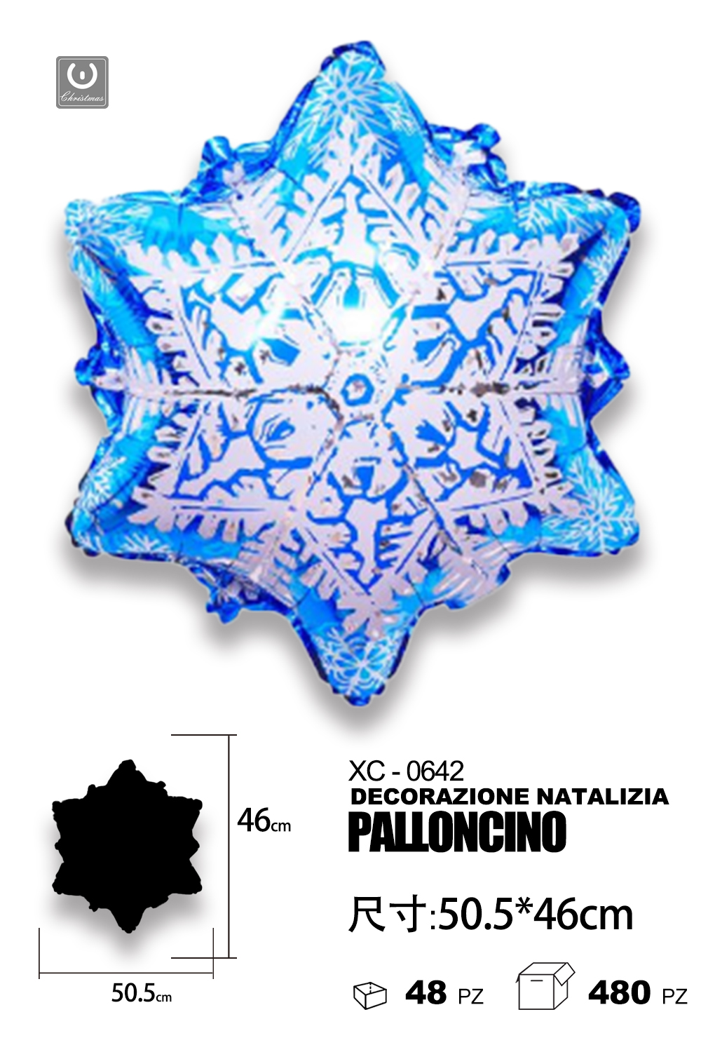 XC-0642 Palloncino decorazione natalizia a forma fiocco di neve ideale per addobbi dimensione 50x46cm - immagine 1