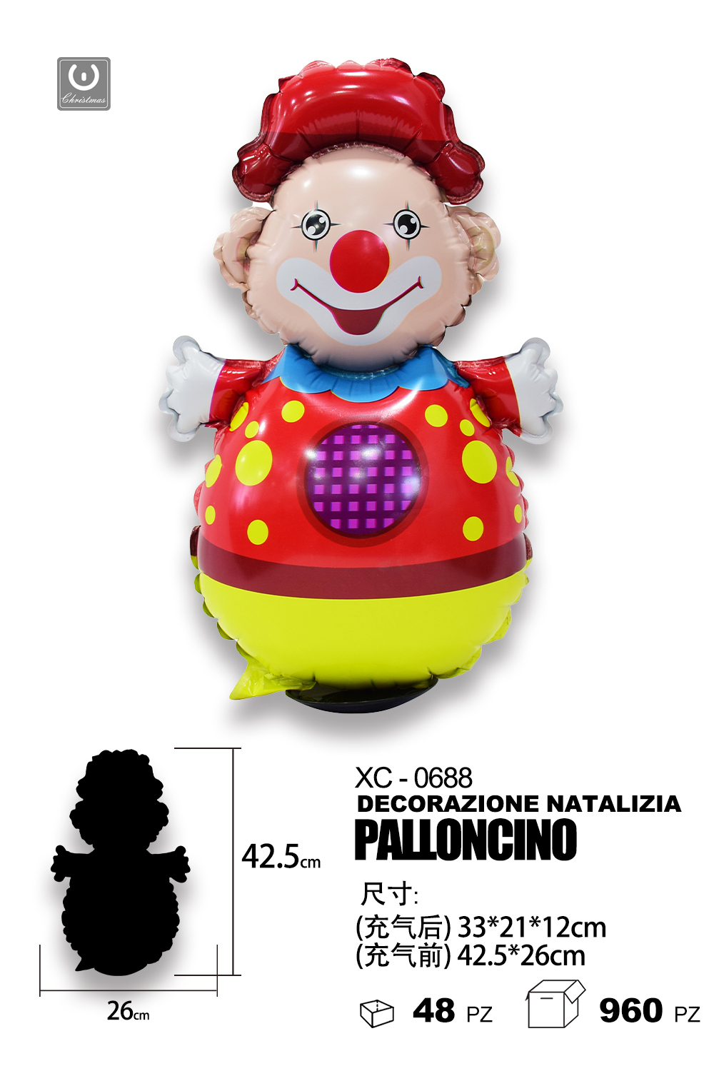 XC-0688 Palloncino decorazione natalizia a forma di clown ideale per addobbi dimensione 26x42cm - immagine 1