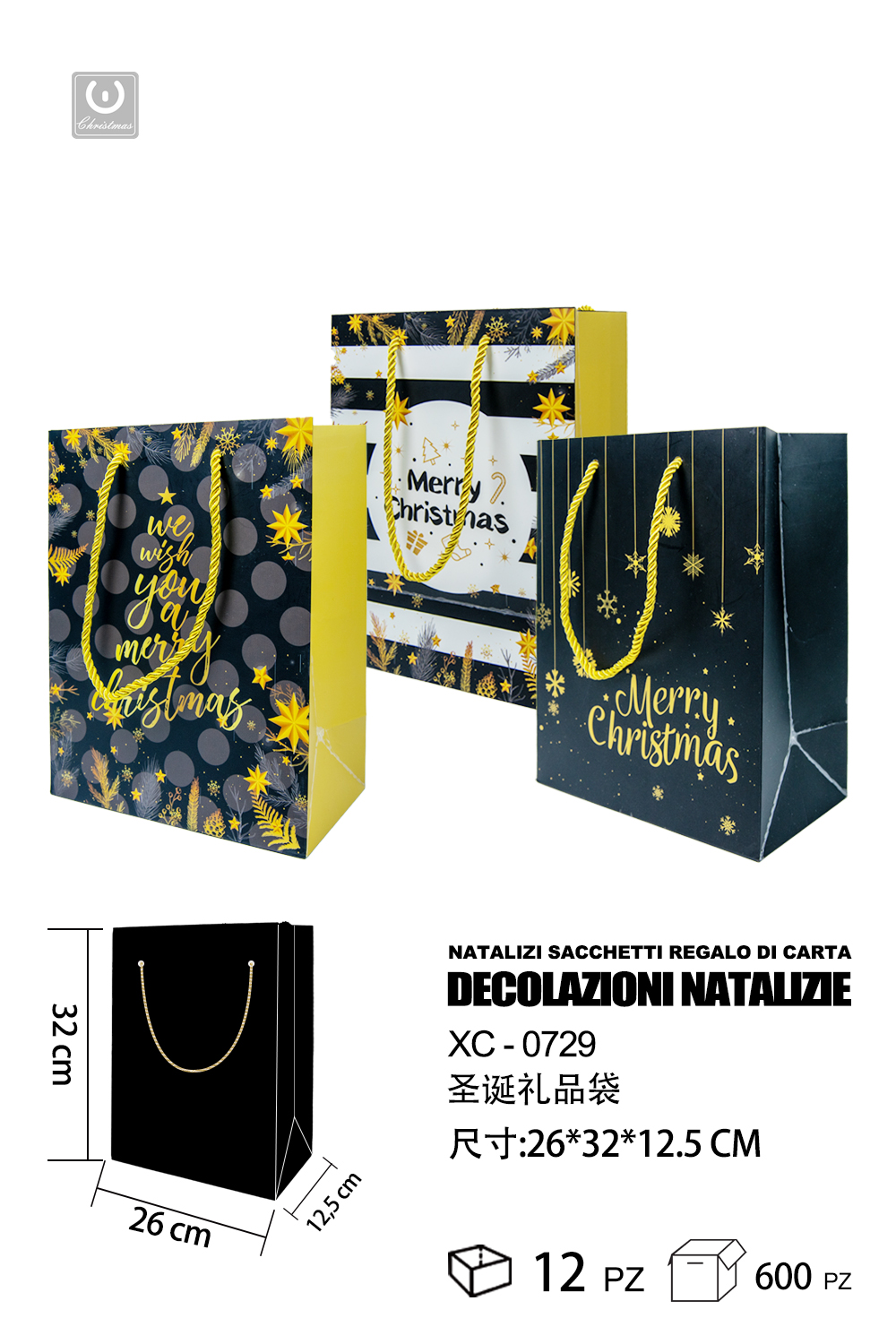 XC-0729 Set sacchetti regalo natalizi varie fantasie disponibili materiale carta dimensioni 26x32cm - immagine 1