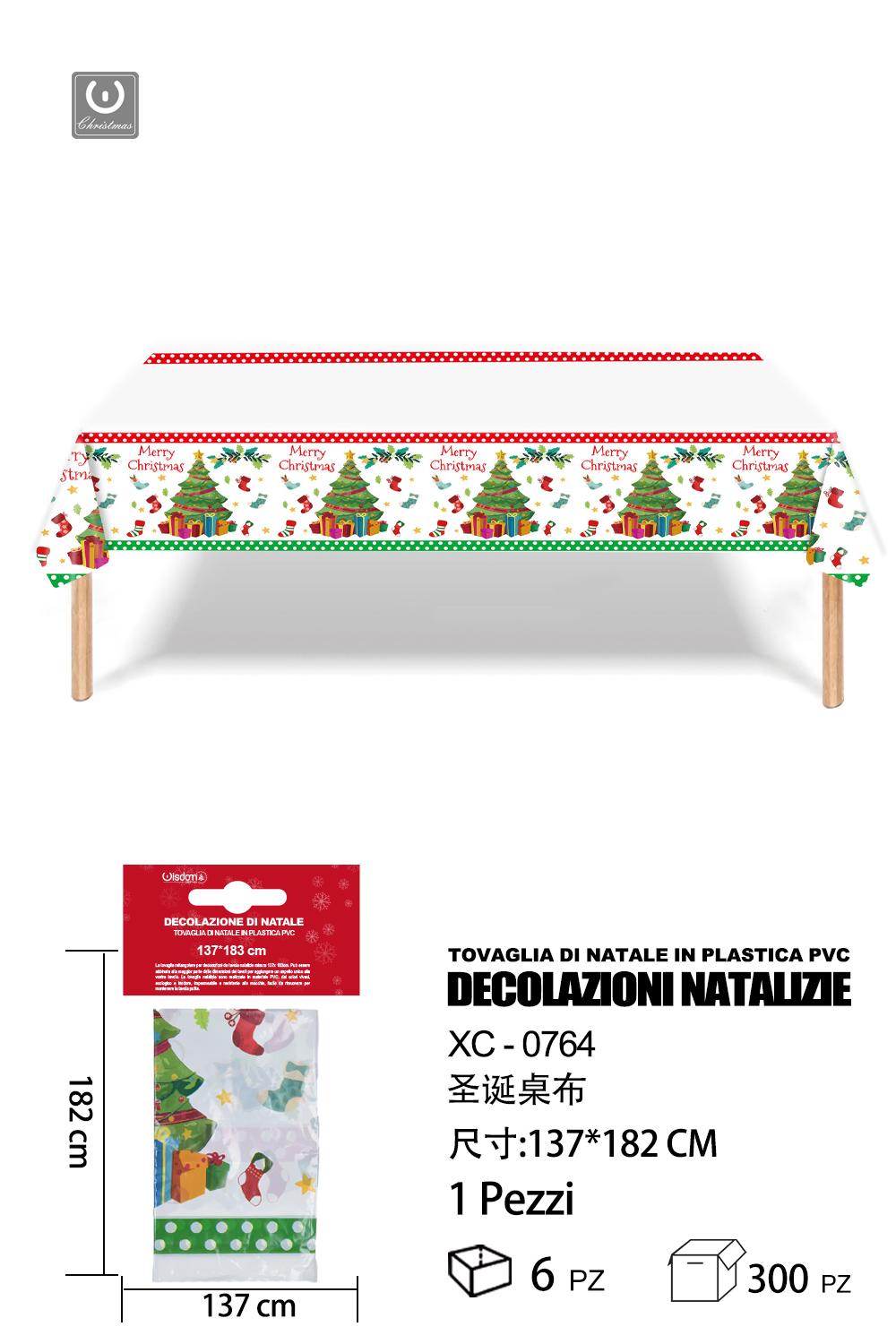XC-0764 Tovaglia Natalizia monouso con Albero e scritte materiale pvc dimensioni 137x182cm - immagine 1
