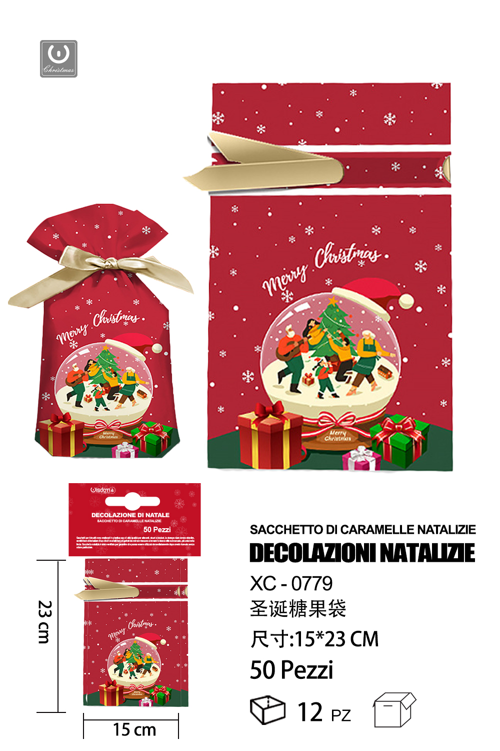 XC-0779 Sacchetto regalo natalizio rosso dimensioni 15x23cm - immagine 1