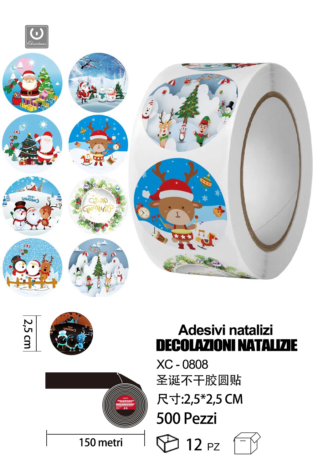 XC-0808 Rotolo etichette adesive natalizie 500 pz vari motivi natalizi babbo natale renna e alberi dimensioni 2,5x2,5cm - immagine 1