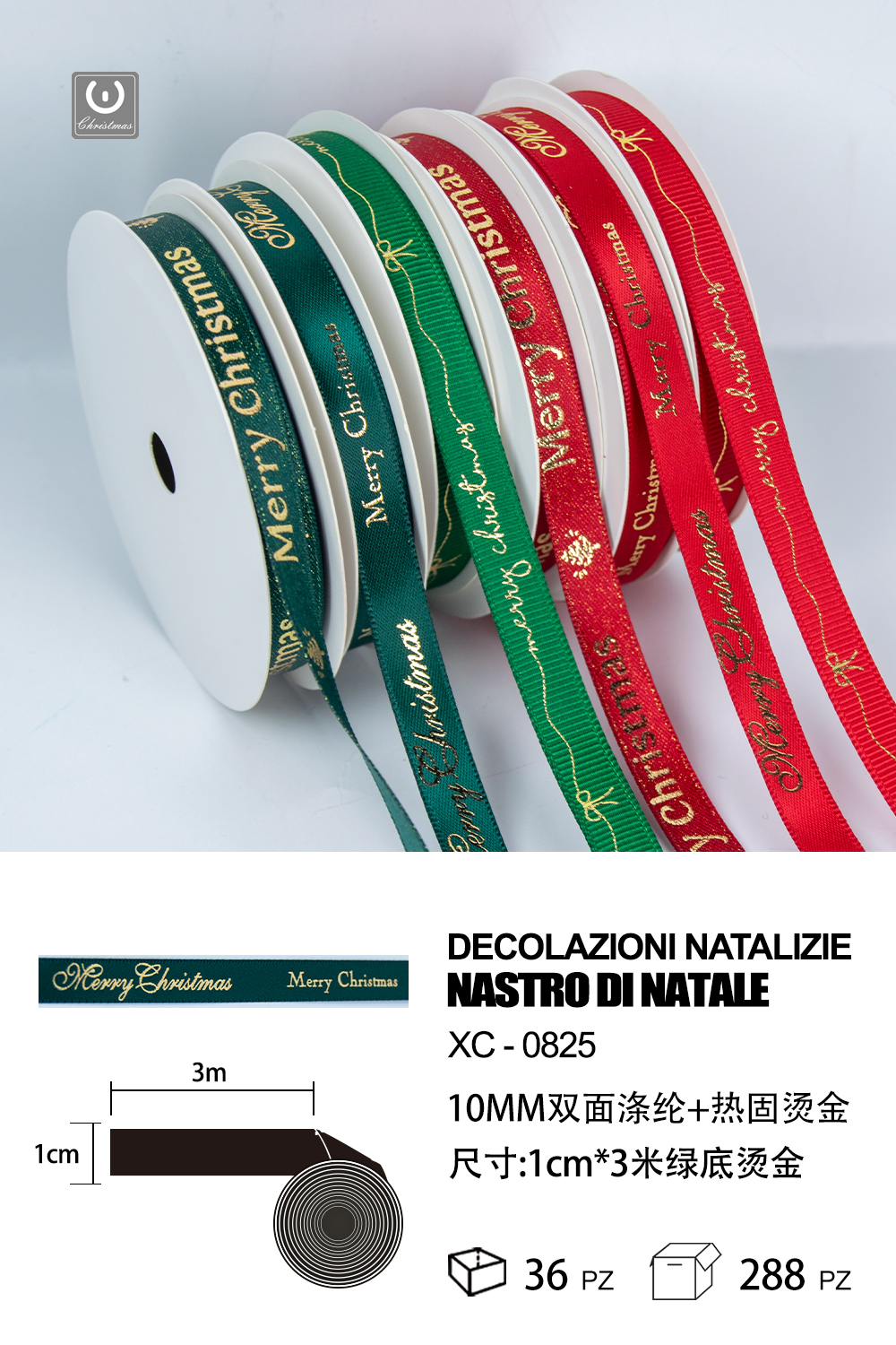XC-0825 Nastro natalizo decorativo verde con scritta merry christmas materiale poliestere dimensioni 1 cm x 3 mt - immagine 1