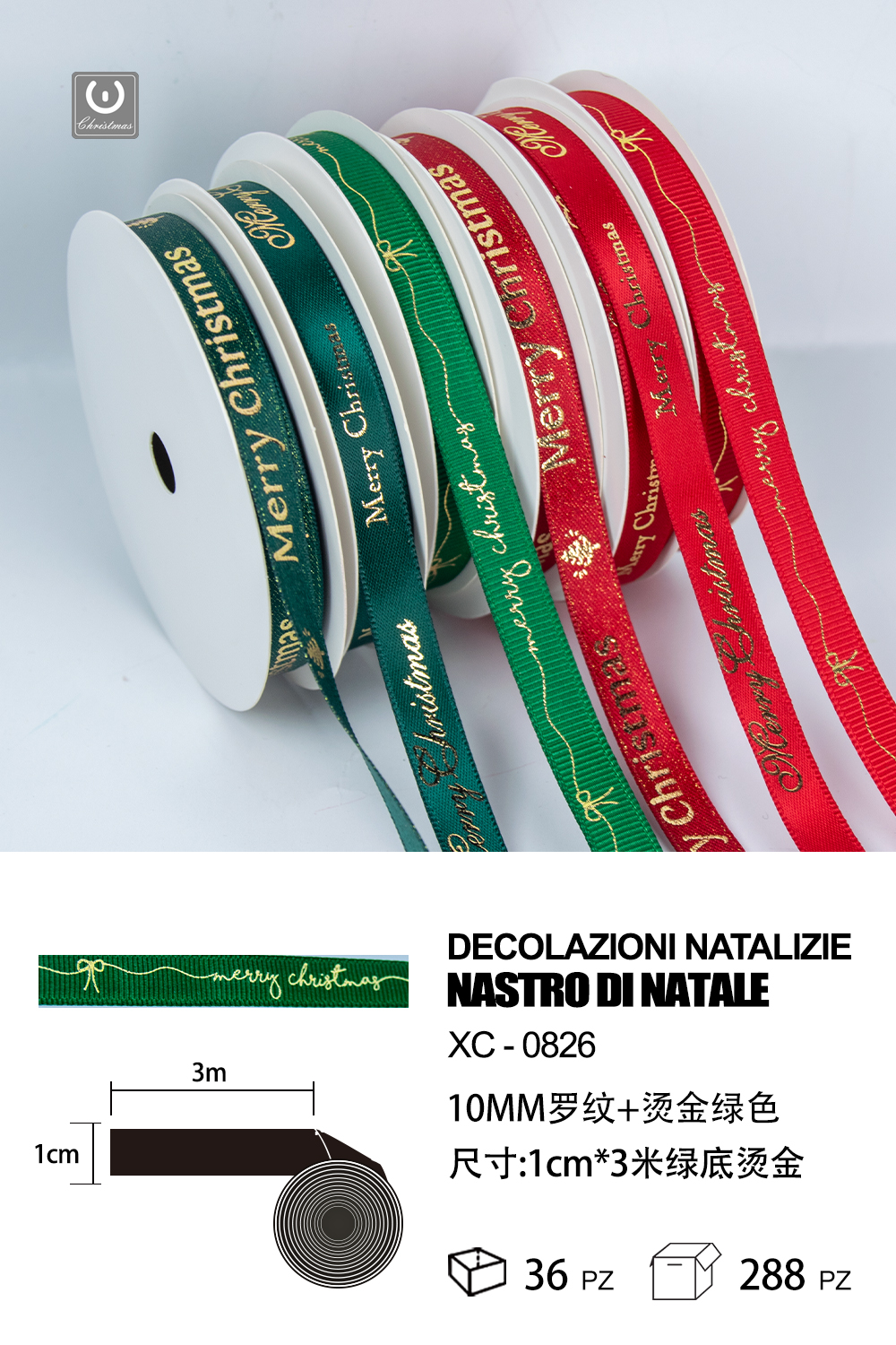 XC-0826 Nastro natalizo decorativo verde con scritta merry christmas materiale poliestere dimensioni 1 cm x 3 mt - immagine 1